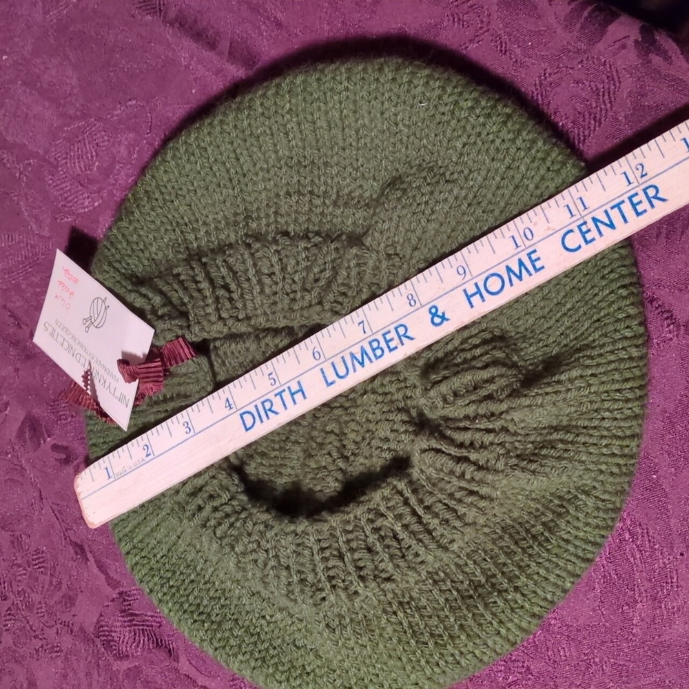 Hand Knit Acrylic Dark Olive Green French Beret Hat #02 - Picture 12 of 15